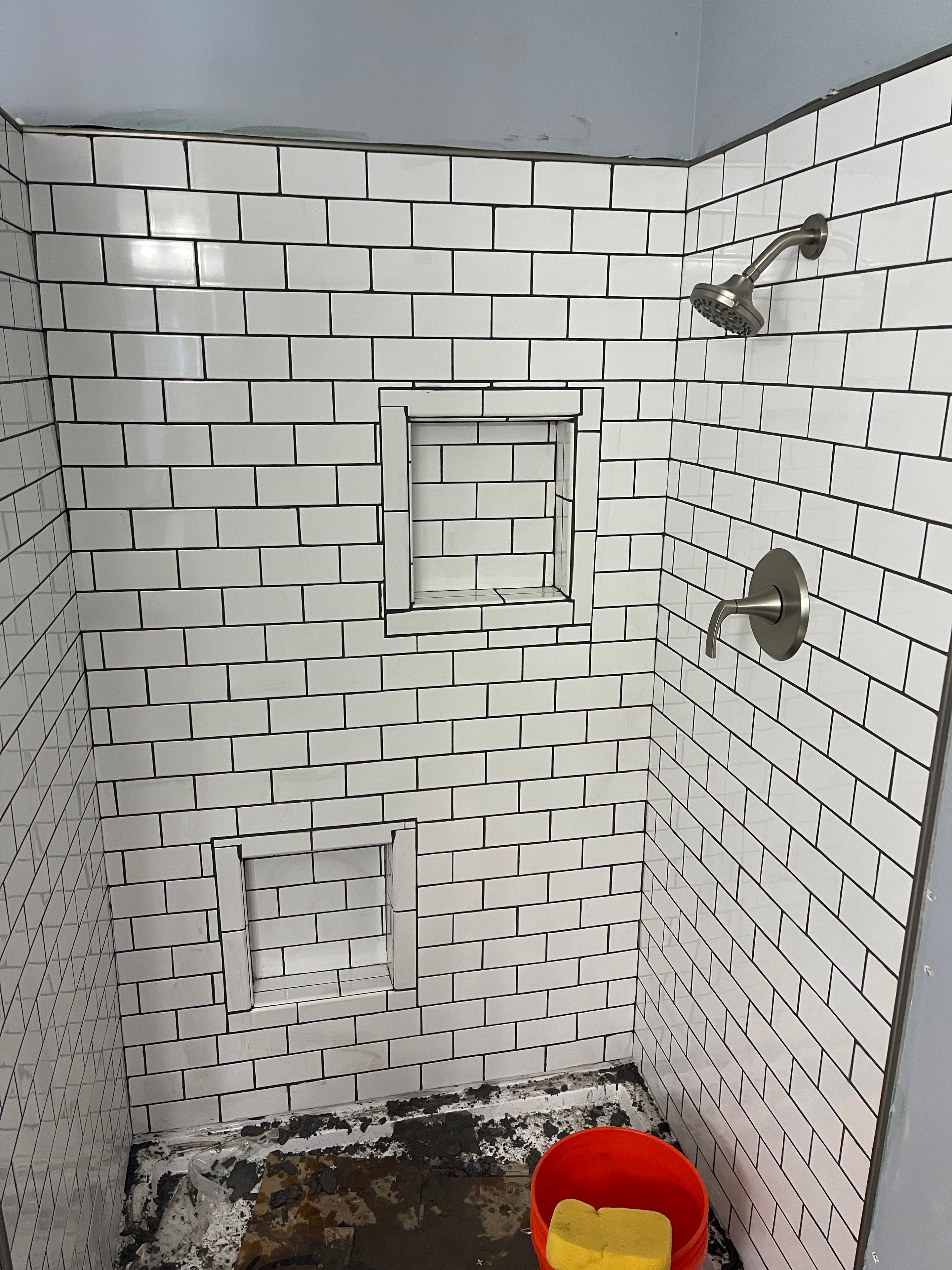 White Subway Tile Shower with Niches